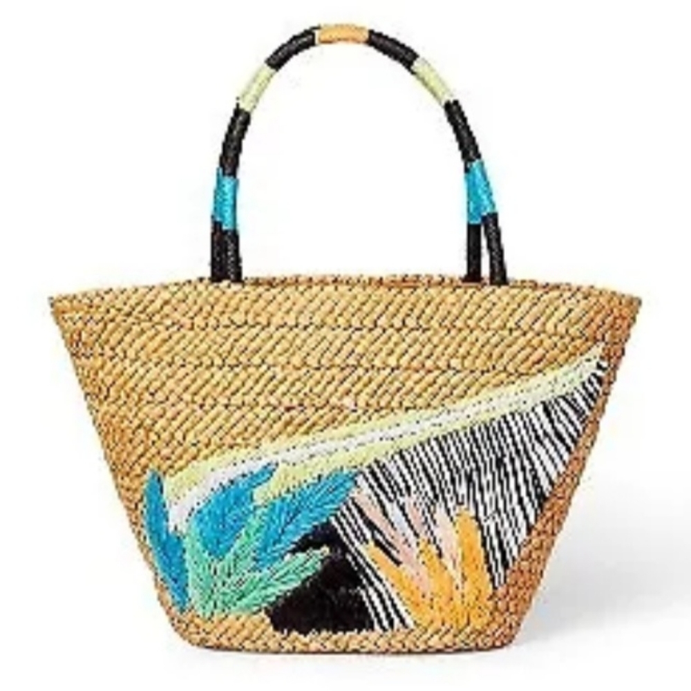 Abstract Botanical Print Woven Straw Tote - Tabitha Brown Tan